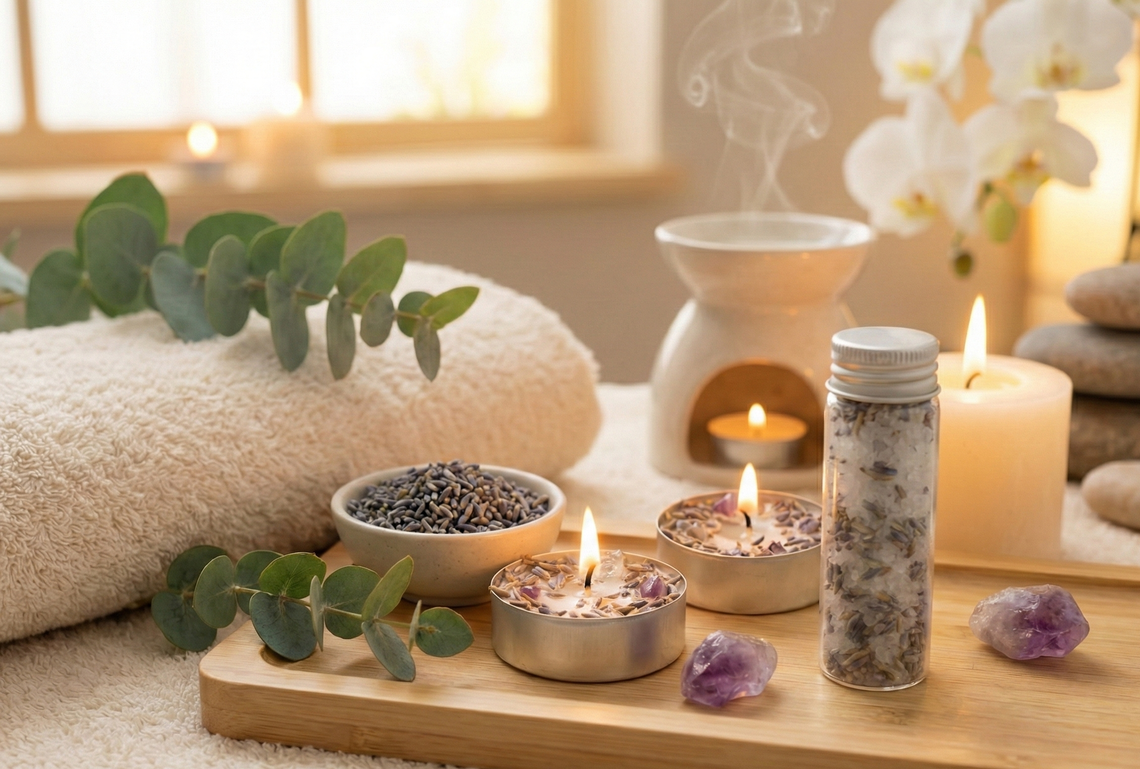 Lavender Amethyst Rosemary Clear Quartz Cleansing Intention Tea Lights | Hand-Blended Ritual Salts