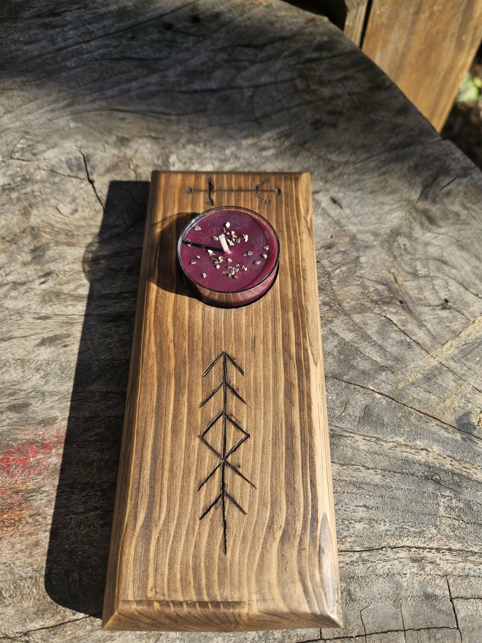 Handcrafted Wooden Tealight Holder – Home Protection Bindrune | Angrboda Candle
