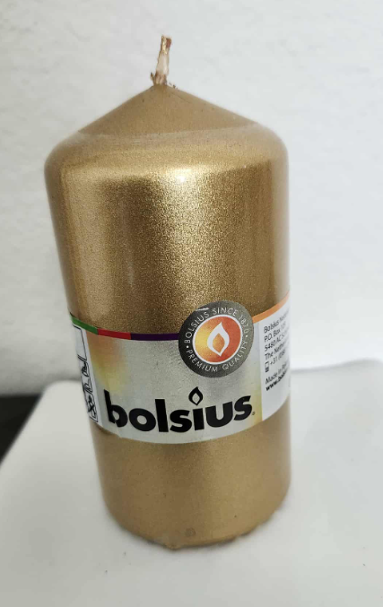 Gold Bolsius Candle - 5.5 x2.5 Description - Perfect for Money Manifestation
