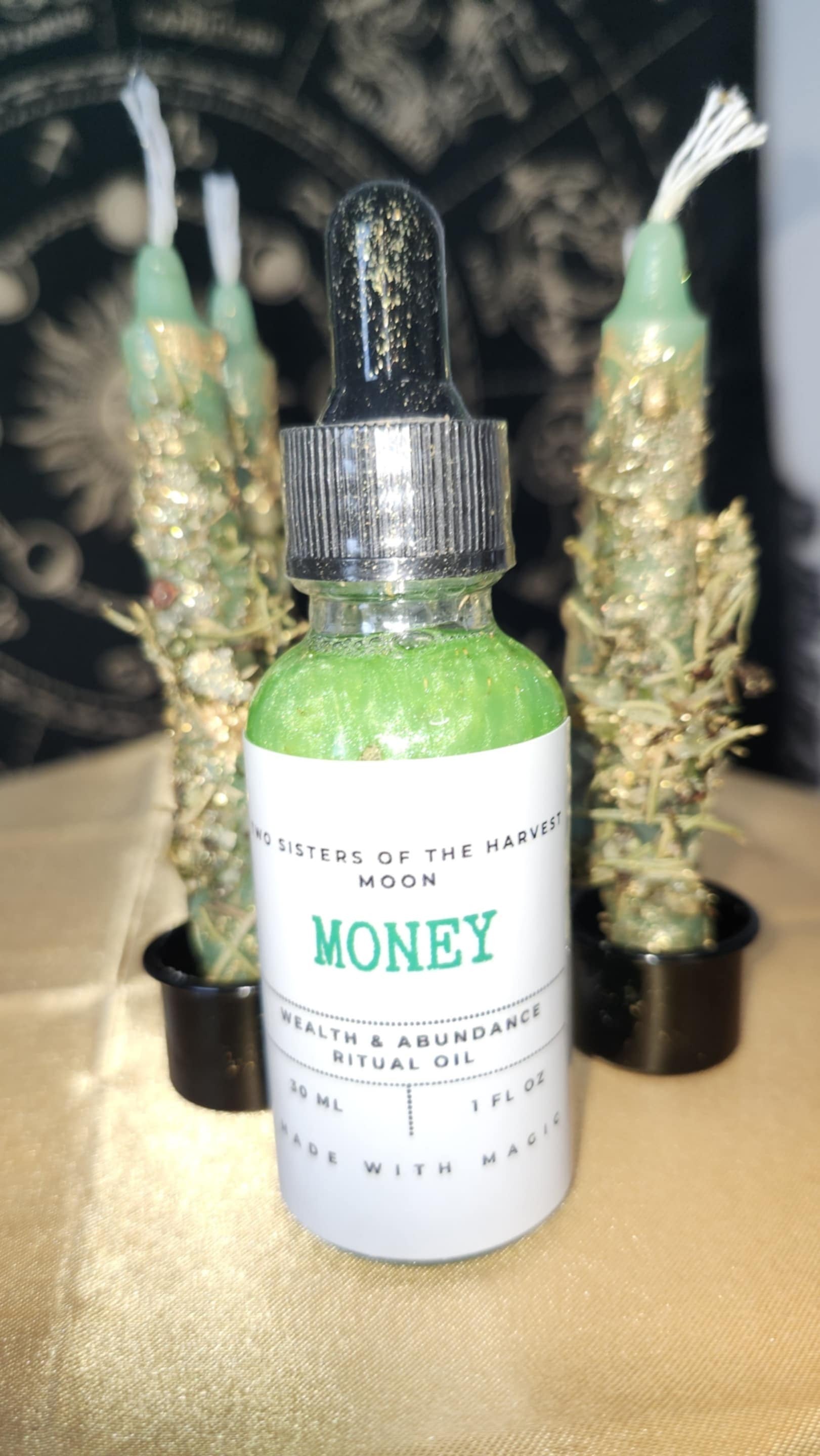 Attract Money and Abundance Witchcraft Made manifestation candles & Ritual Oil.
