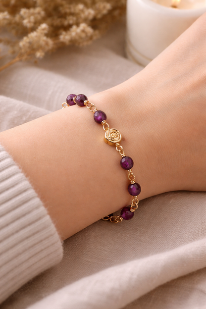 14K Gold Plated Rose Bracelet with Purple Agate Gemstones