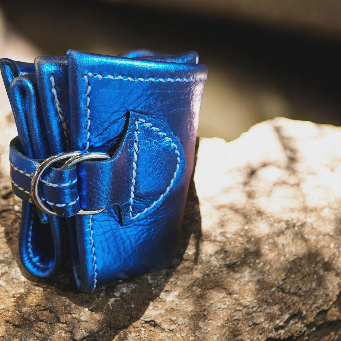Metallic Blue Leather Oil Pouch - Handmade, Leather