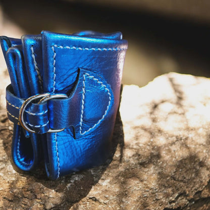 Metallic Blue Leather Oil Pouch - Handmade, Leather