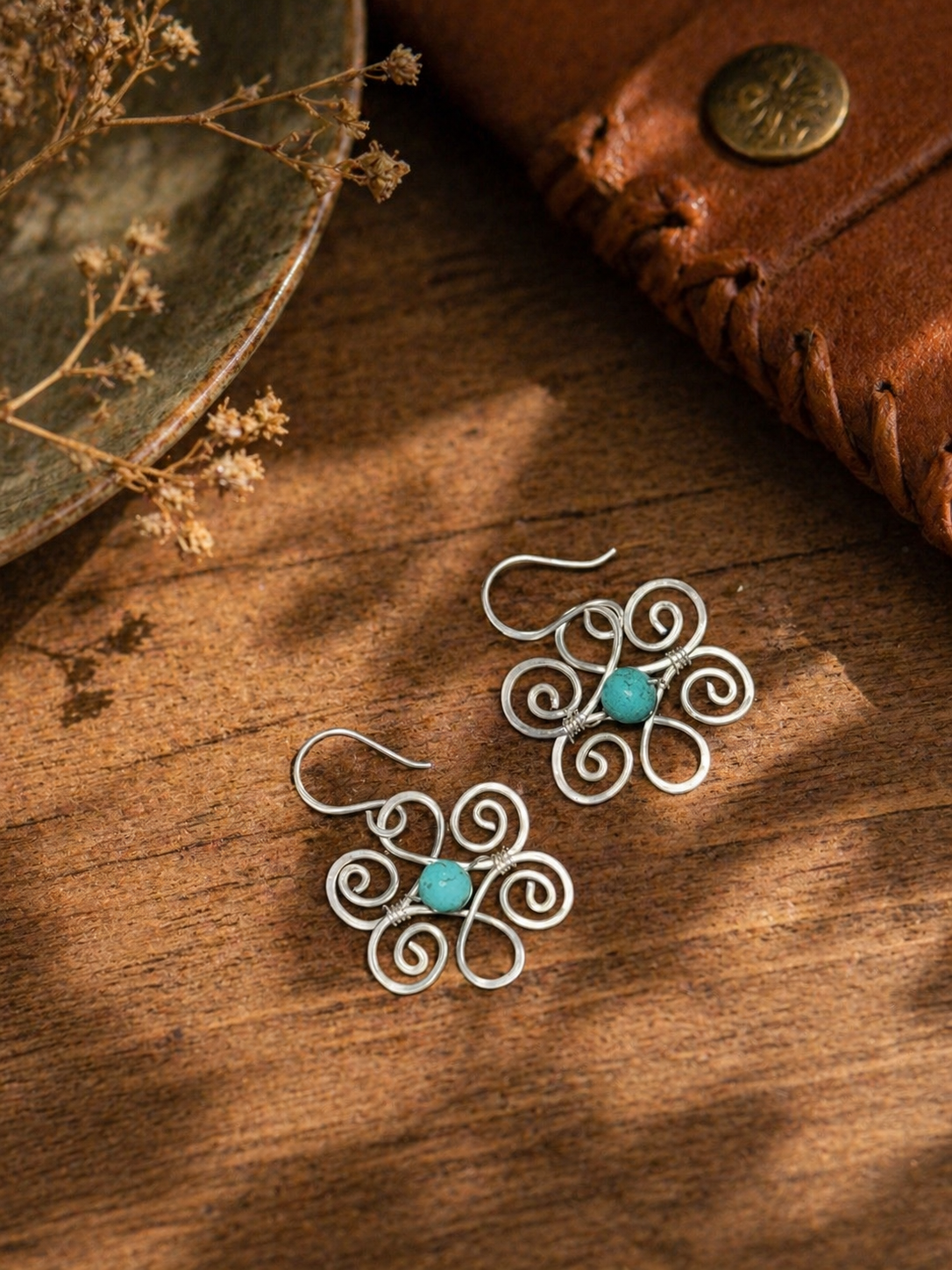 Turquoise Wire Wrapped Silver Earrings