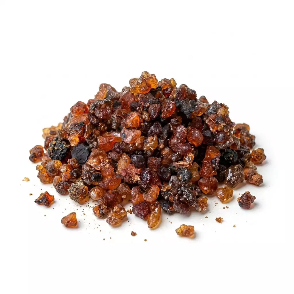One-pound bag of Ethiopian Myrrh granular resin incense, bulk packaging showing large quantity of dark amber myrrh resin granules