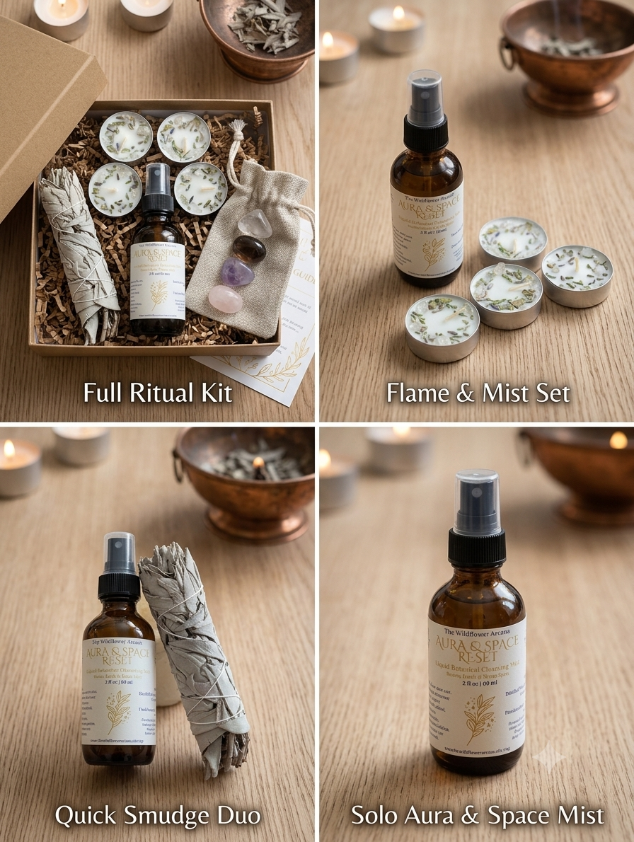 Sweet Sanctuary Cleansing Kit | Orange Vanilla Space Spray, Dressed Sage Tea Lights, Crystal Set, White Sage Smudge | Energy Clearing Ritual