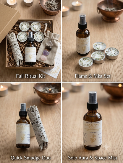 Sweet Sanctuary Cleansing Kit | Orange Vanilla Space Spray, Dressed Sage Tea Lights, Crystal Set, White Sage Smudge | Energy Clearing Ritual