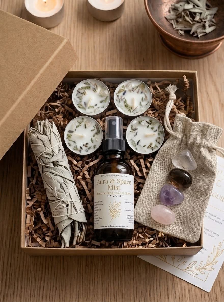 Sweet Sanctuary Cleansing Kit | Orange Vanilla Space Spray, Dressed Sage Tea Lights, Crystal Set, White Sage Smudge | Energy Clearing Ritual