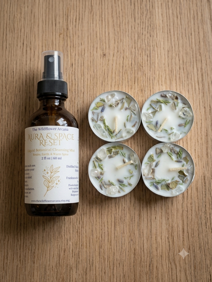 Sweet Sanctuary Cleansing Kit | Orange Vanilla Space Spray, Dressed Sage Tea Lights, Crystal Set, White Sage Smudge | Energy Clearing Ritual