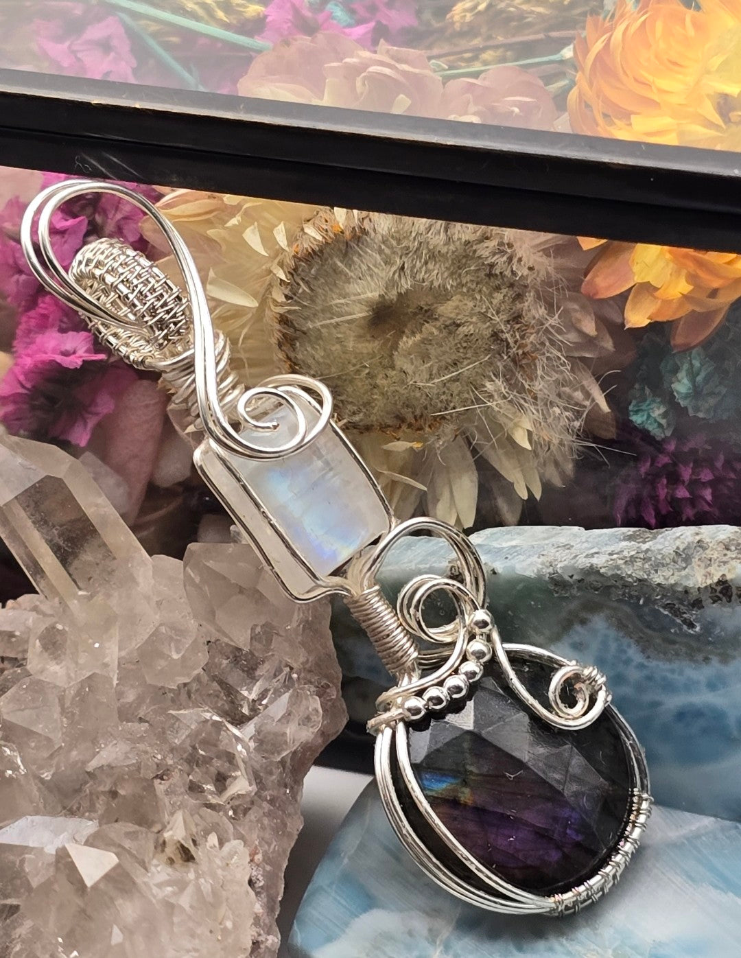 Faceted Purple Flash Labradorite and Moonstone Pendant