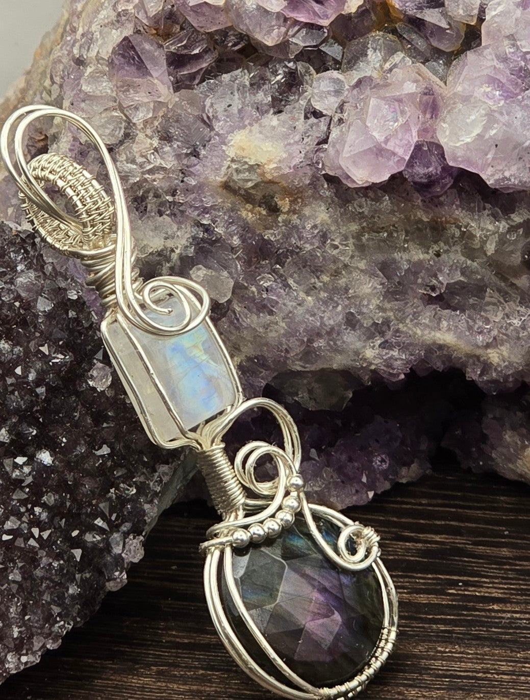 Faceted Purple Flash Labradorite and Moonstone Pendant
