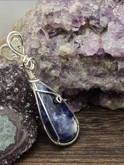 Sodalite Pendant Wrapped in Silver-Plated Copper Wire