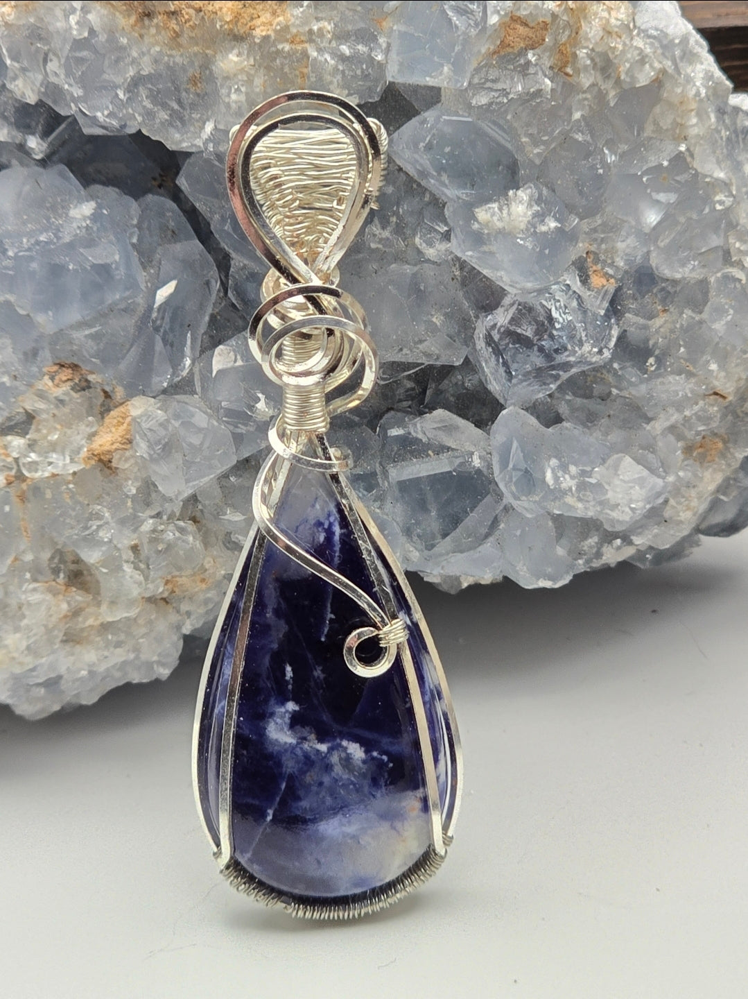 Sodalite Pendant Wrapped in Silver-Plated Copper Wire