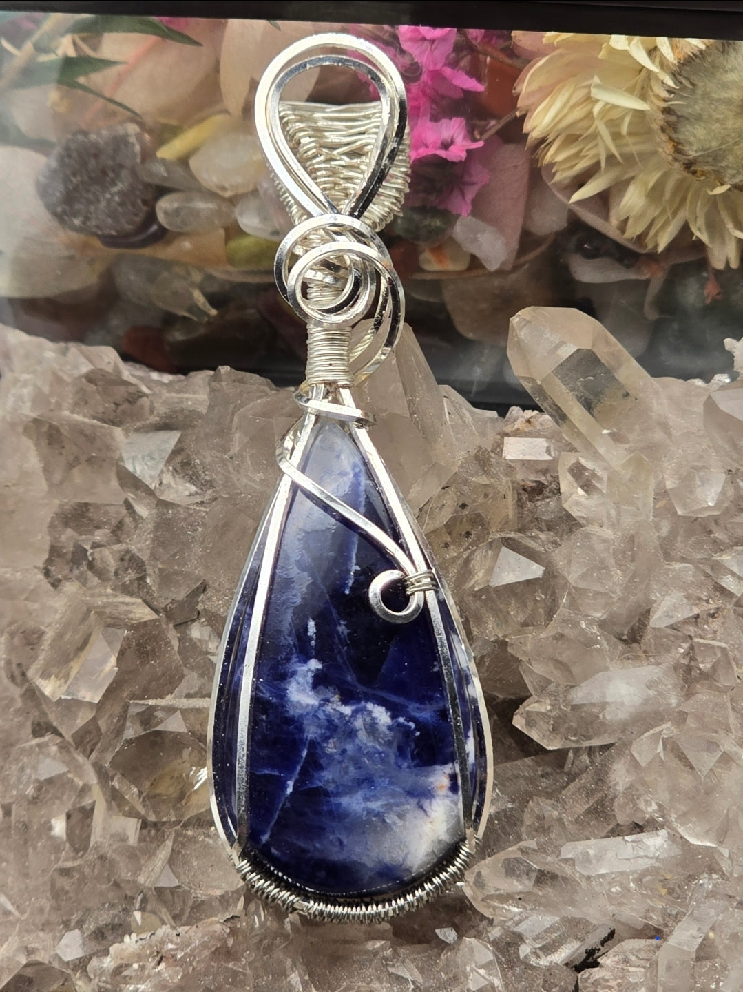 Sodalite Pendant Wrapped in Silver-Plated Copper Wire