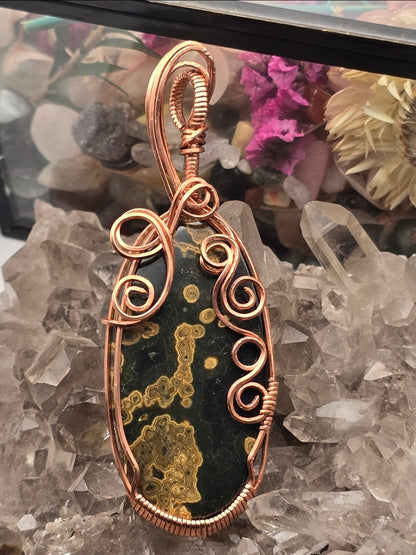 Orbicular Ocean Jasper Pendant - Copper Wire