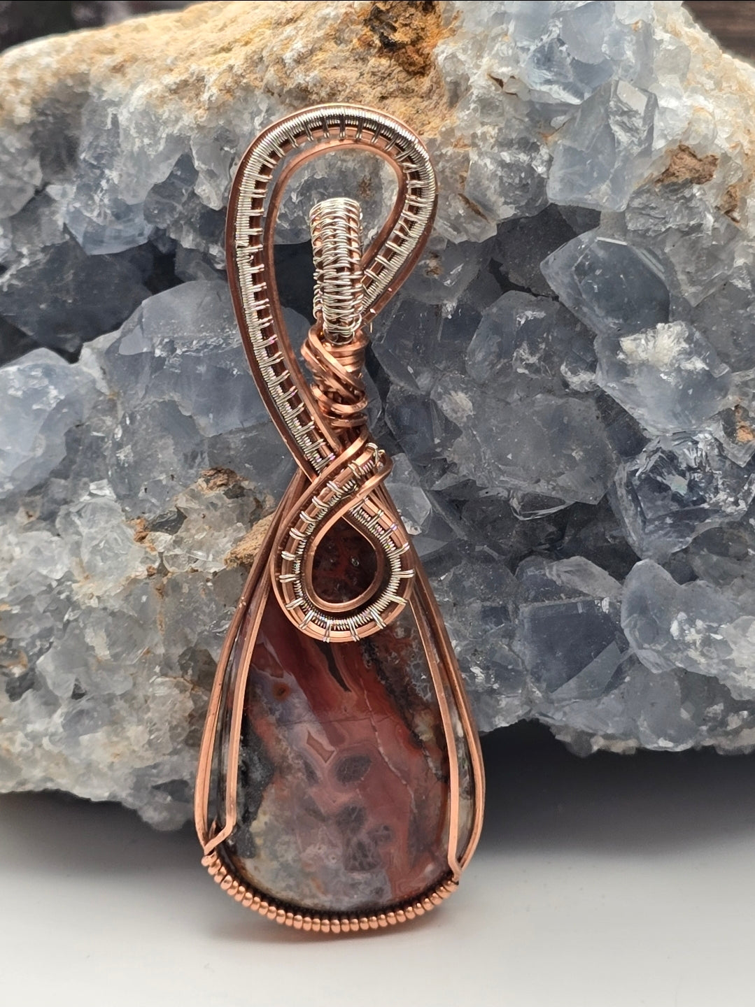 Crazy Lace Agate Pendant Wrapped in Dual-Tone Wire