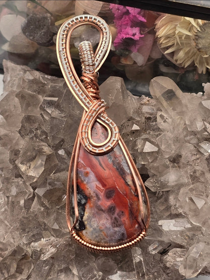 Crazy Lace Agate Pendant Wrapped in Dual-Tone Wire