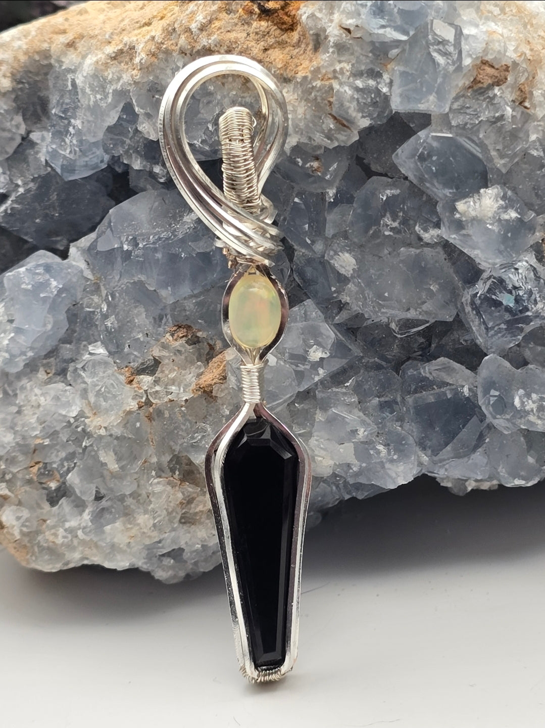Coffin Cut Black Onyx And Ethiopian Opal Pendant