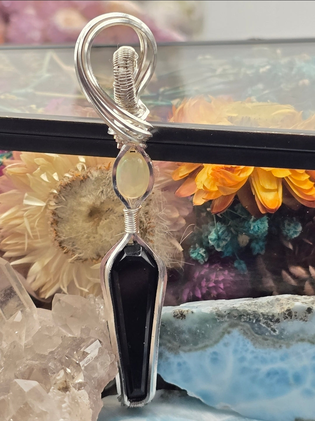 Coffin Cut Black Onyx And Ethiopian Opal Pendant