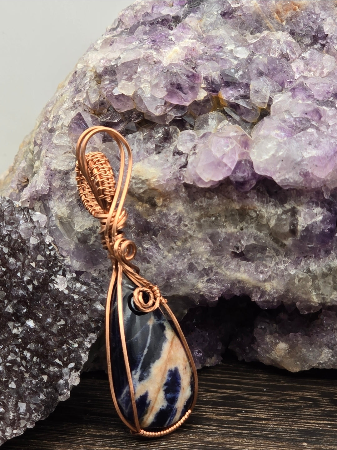 Sodalite Pendant, Blue and White in Copper Wire