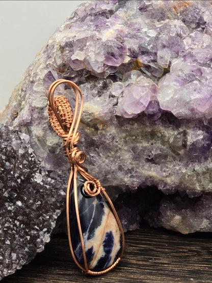 Sodalite Pendant, Blue and White in Copper Wire