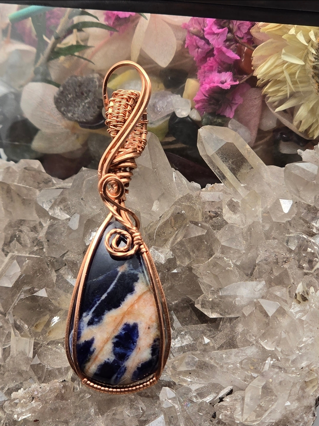 Sodalite Pendant, Blue and White in Copper Wire