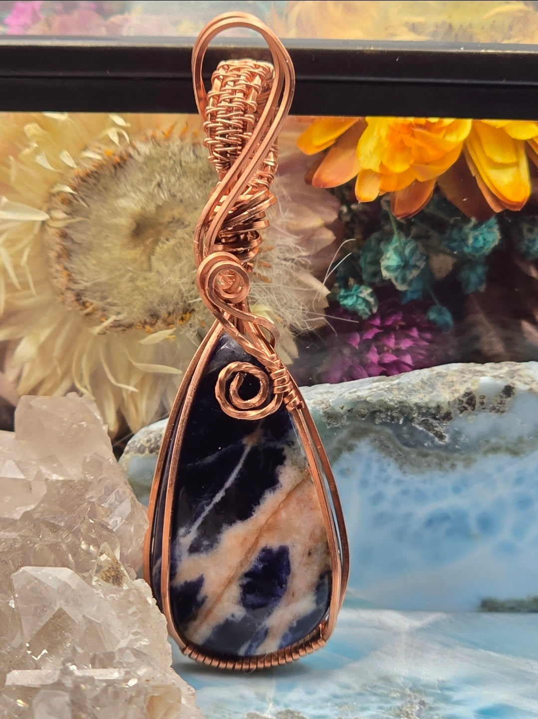 Sodalite Pendant, Blue and White in Copper Wire