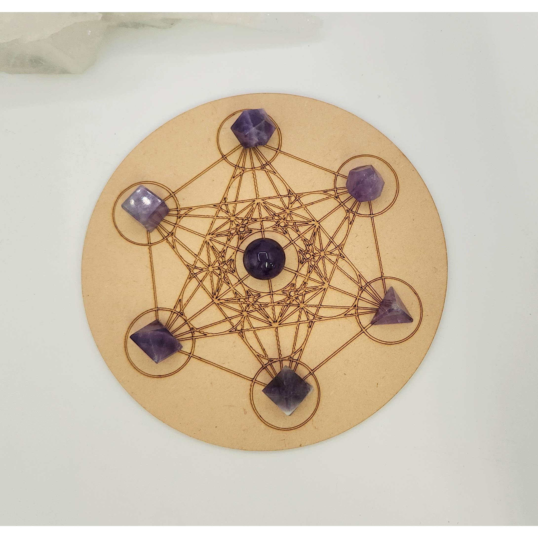 Amethyst 7-Piece Sacred Geometry Crystal Set with Wooden Grid &amp; Velvet Bag