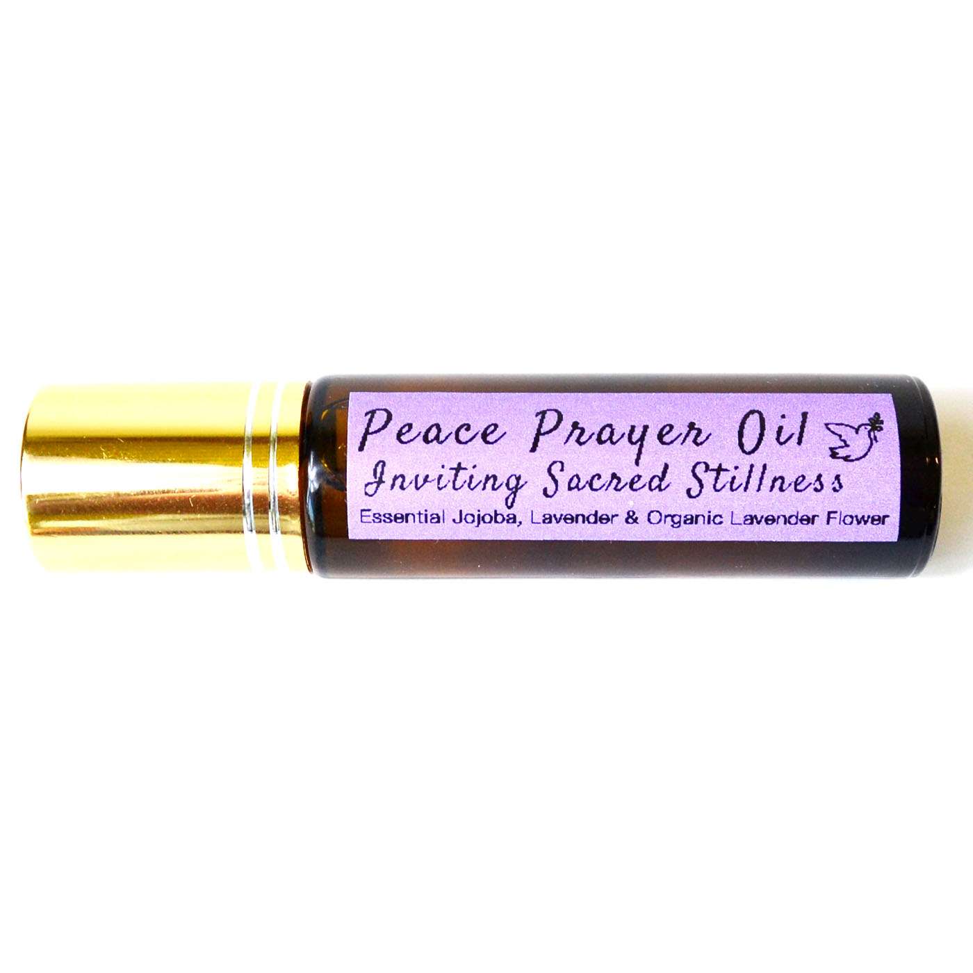 Small 10ml amber glass bottle labeled Peace Prayer Oil on a clean neutral background.
