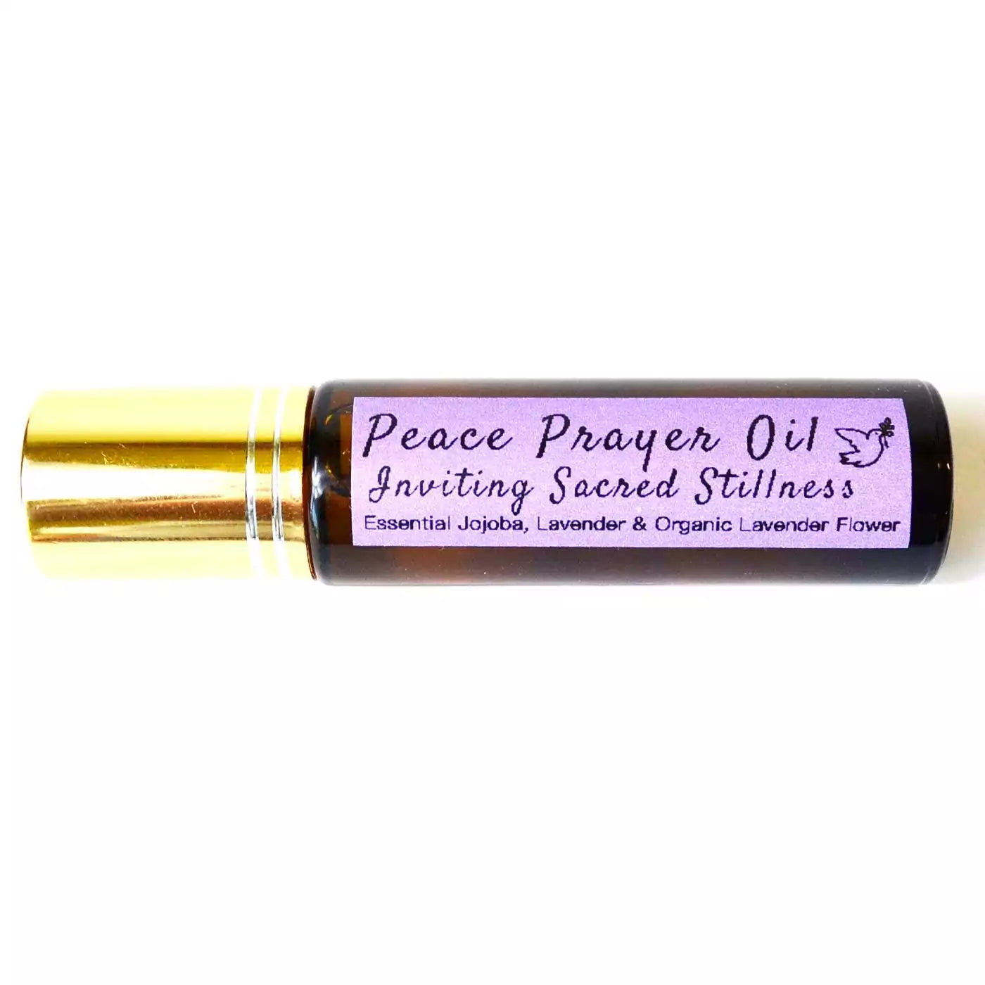 Small 10ml amber glass bottle labeled Peace Prayer Oil on a clean neutral background.