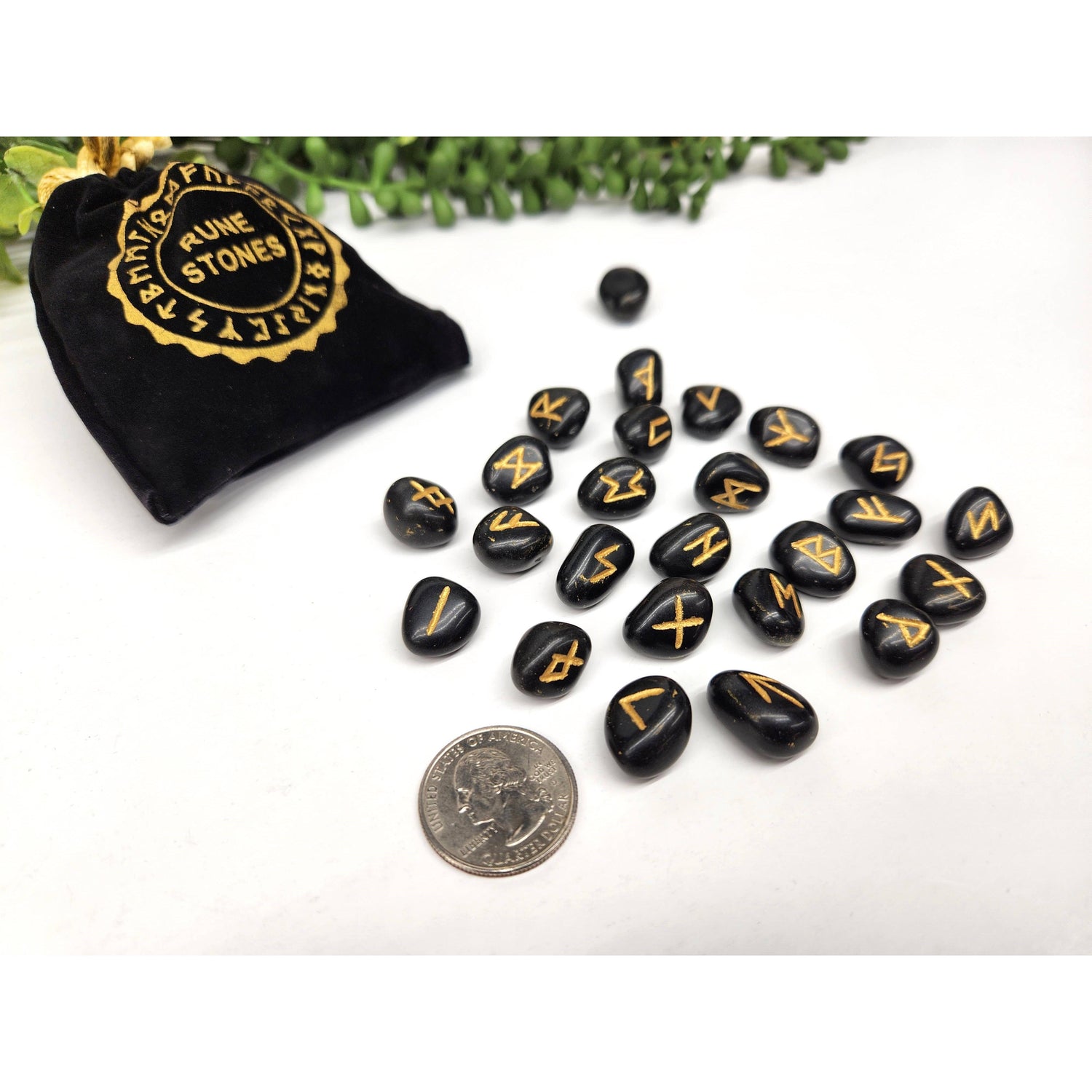 Black Agate Rune Set – 24 Engraved Gemstone Runes + Blank, Info Sheet &amp; Pouch
