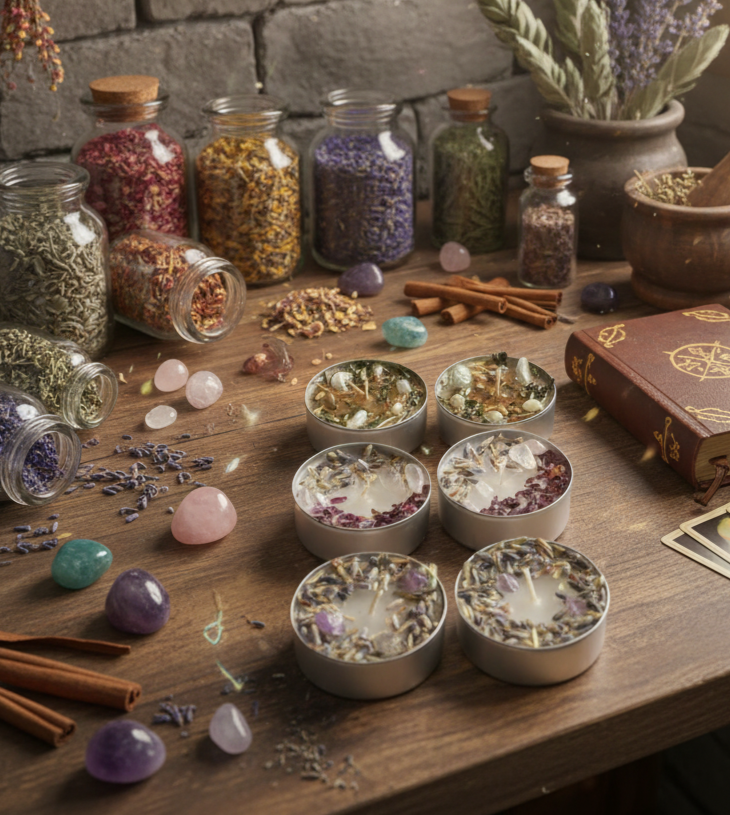 Herb and Crystal Infused Intention Tealight Candles | Love | Prosperity | Calm |