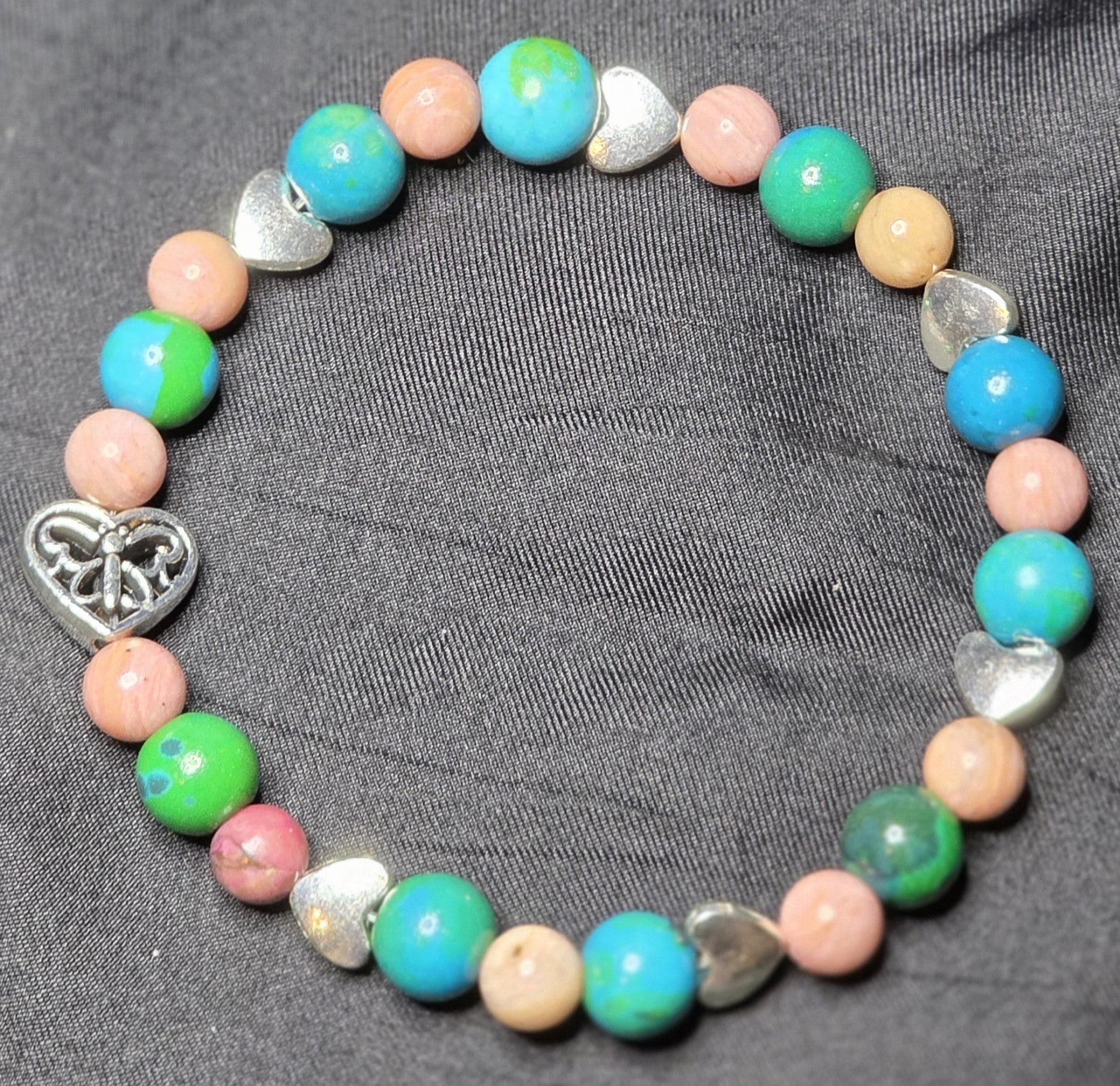 Chrysocolla and Rhodonite Bracelet with Butterfly/ Heart