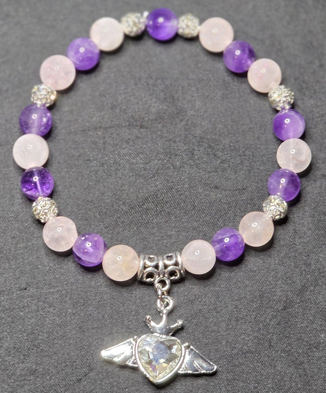 Amethyst and Rose Quartz Bracelet with Winged Heart