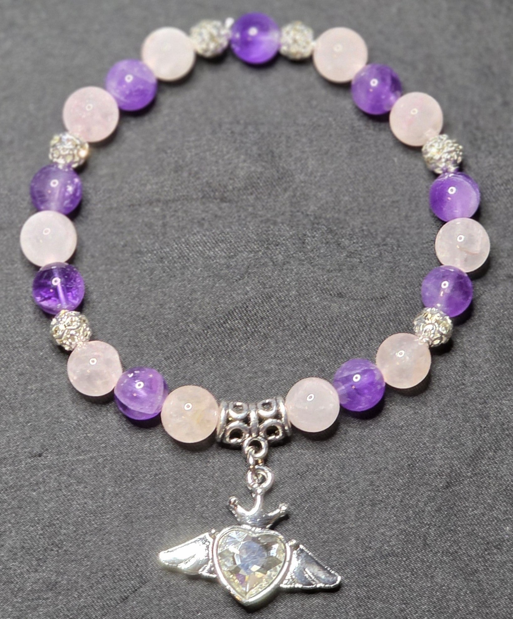 Amethyst and Rose Quartz Bracelet with Winged Heart