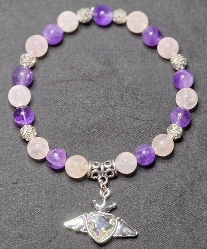 Amethyst and Rose Quartz Bracelet with Winged Heart
