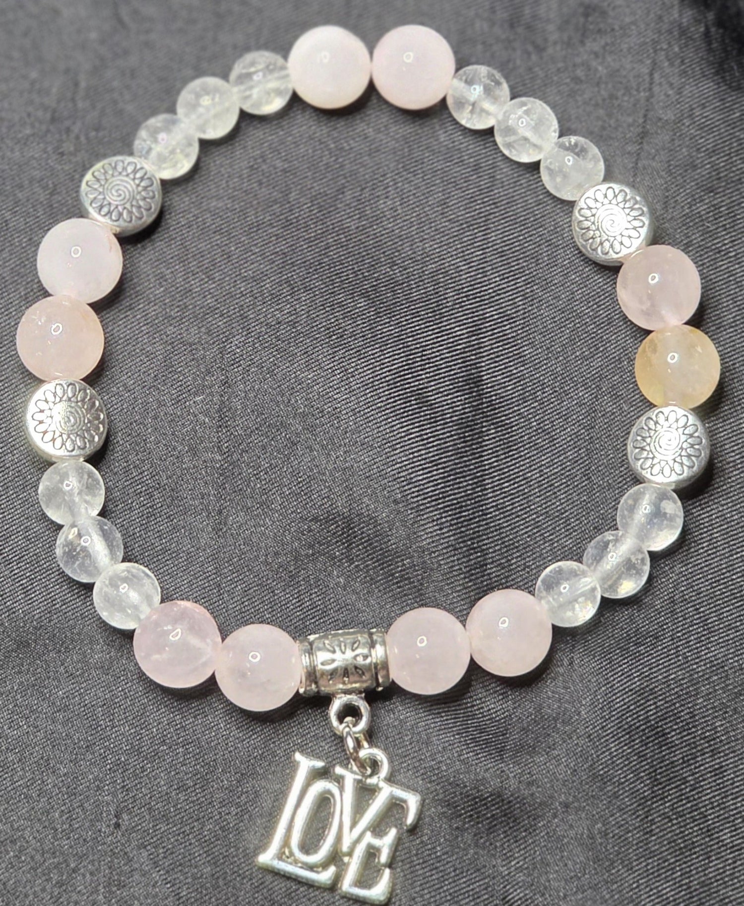 Clear Quartz and Rose Quartz Bracelet with LOVE