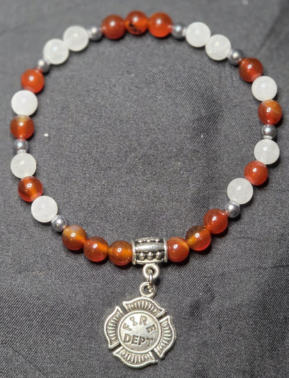 Hematite, Red Agate, and White Jade Bracelet with Firefighter