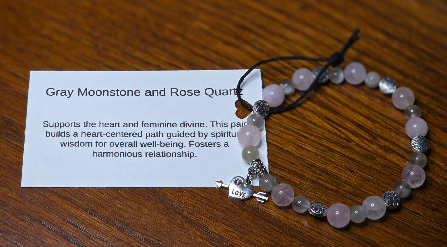Gray Moonstone and Rose Quartz Bracelet with Heart/ Arrow