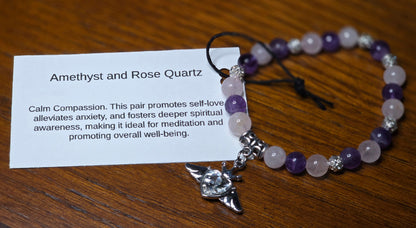 Amethyst and Rose Quartz Bracelet with Winged Heart