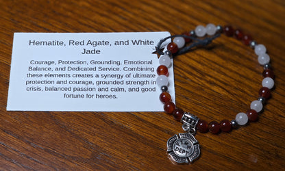 Hematite, Red Agate, and White Jade Bracelet with Firefighter