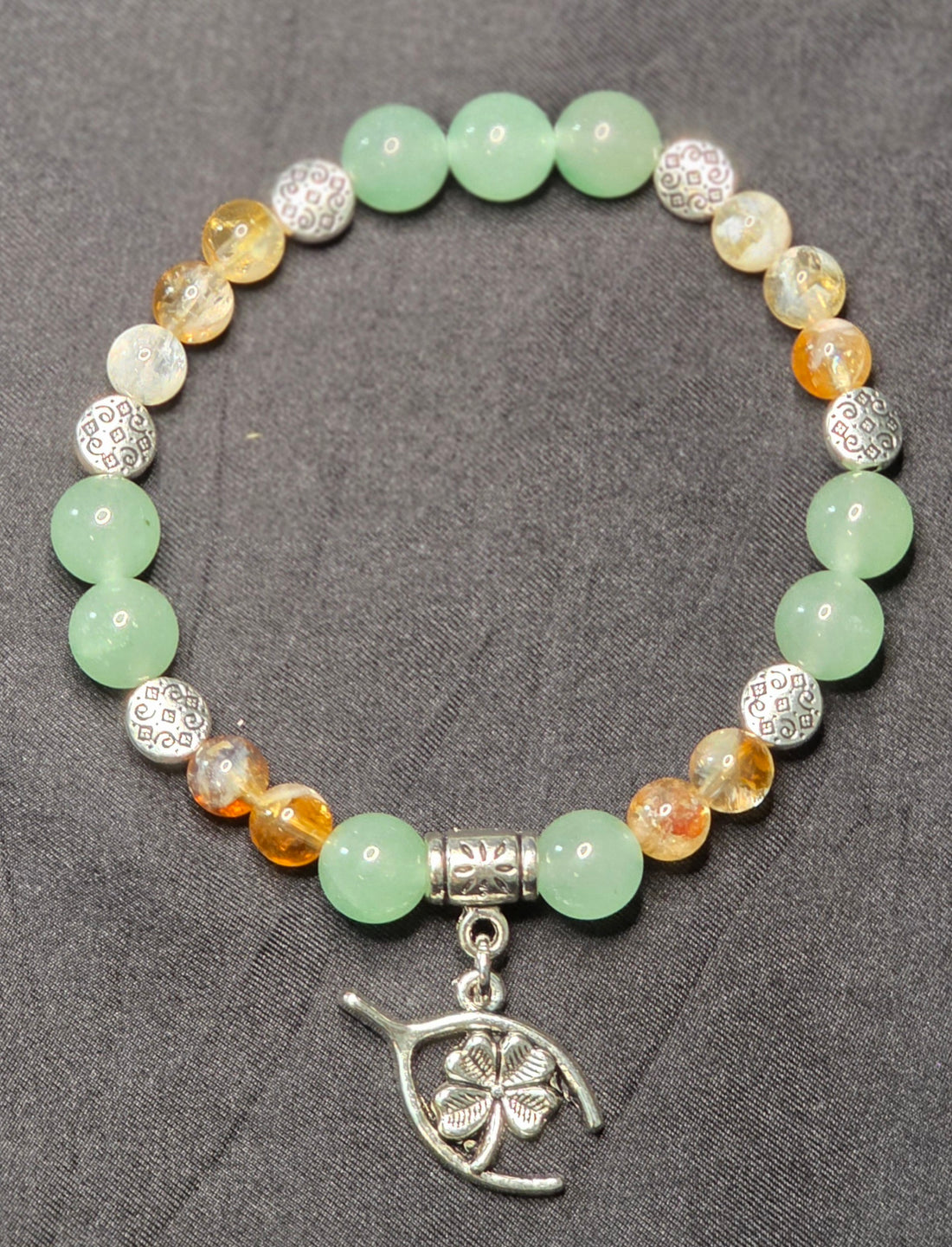 Citrine and Green Aventurine Bracelet with Clover and Wishbone