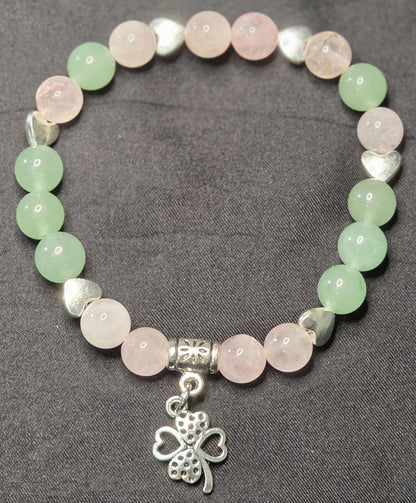 Green Aventurine and Rose Quartz Bracelet with Clover