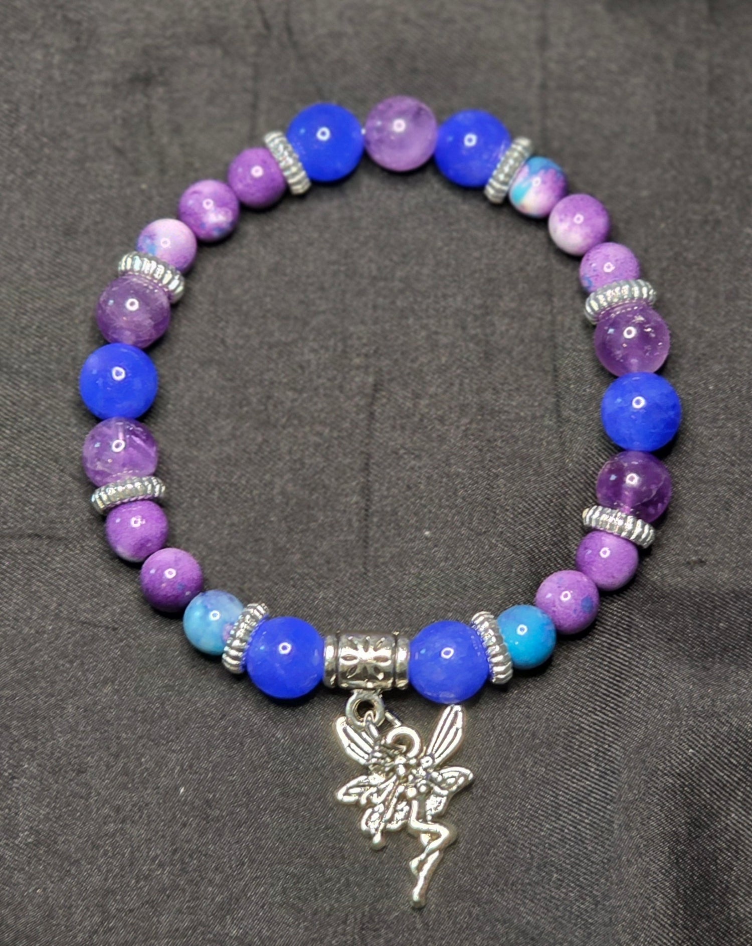 Amethyst, Blue Kyanite, and Dyed Jade Bracelet with Fairy