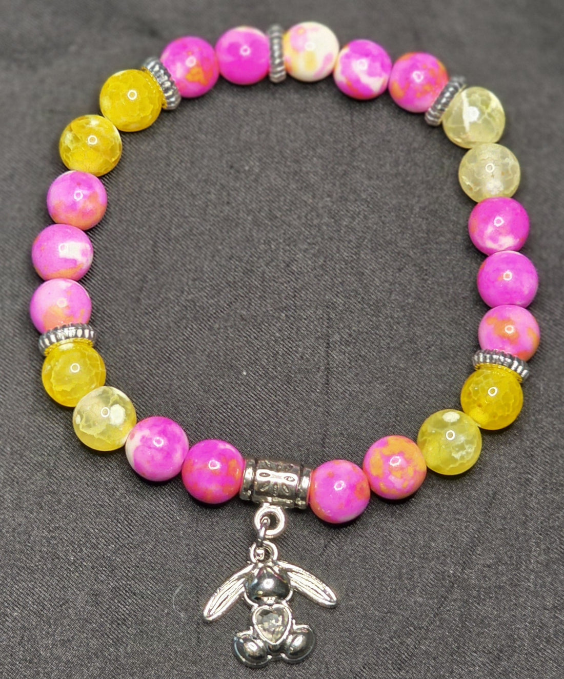Dyed Yellow Agate and Dyed Jade Bracelet with Easter Bunny