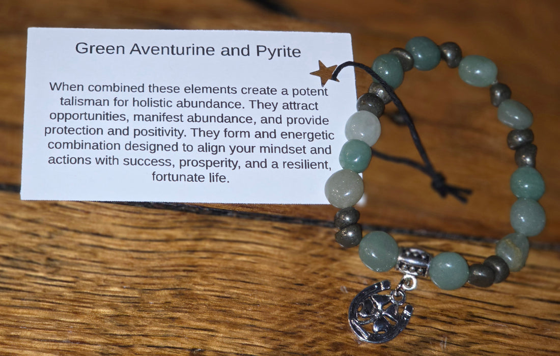 Green Aventurine and Pyrite Bracelet with Clover and Horseshoe