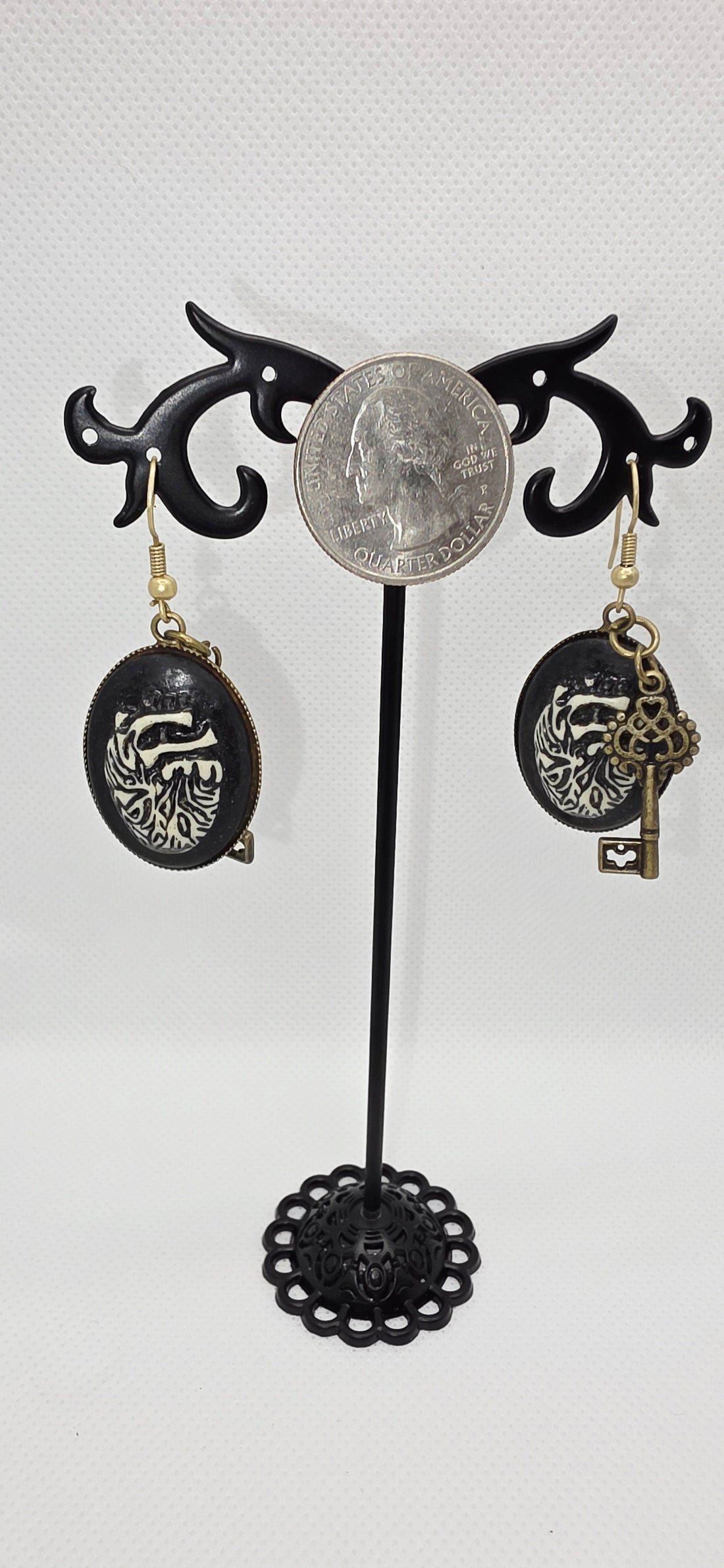 Gothic Cameo Heart and Key Earrings