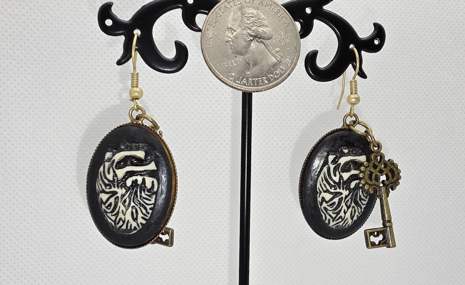 Gothic Cameo Heart and Key Earrings