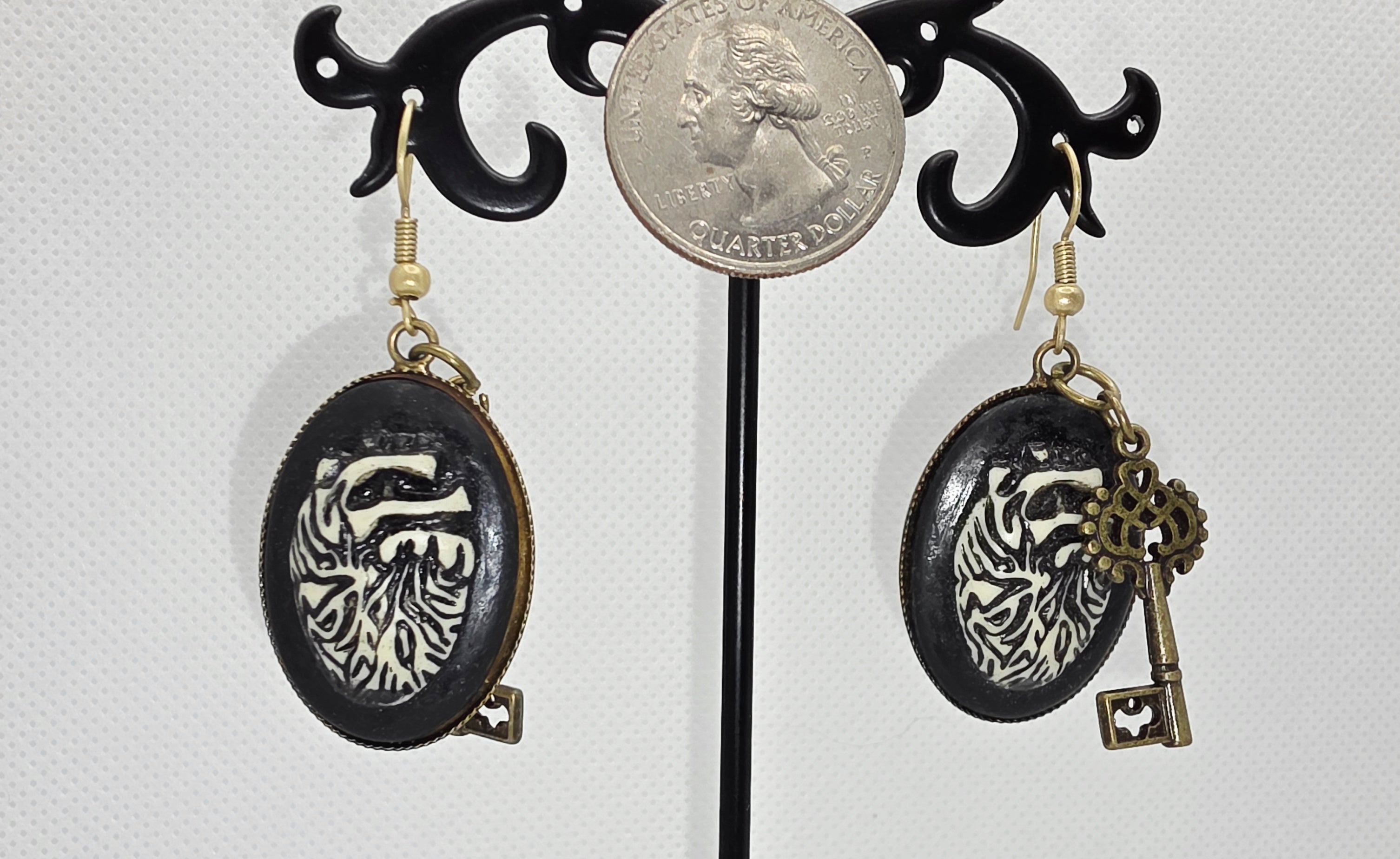 Gothic Cameo Heart and Key Earrings