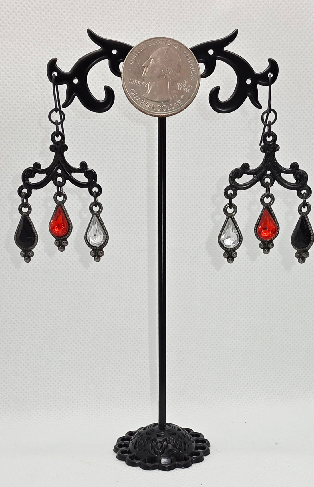 Glamour Noir Chandelier Earrings with Garnet &amp; Black Drops